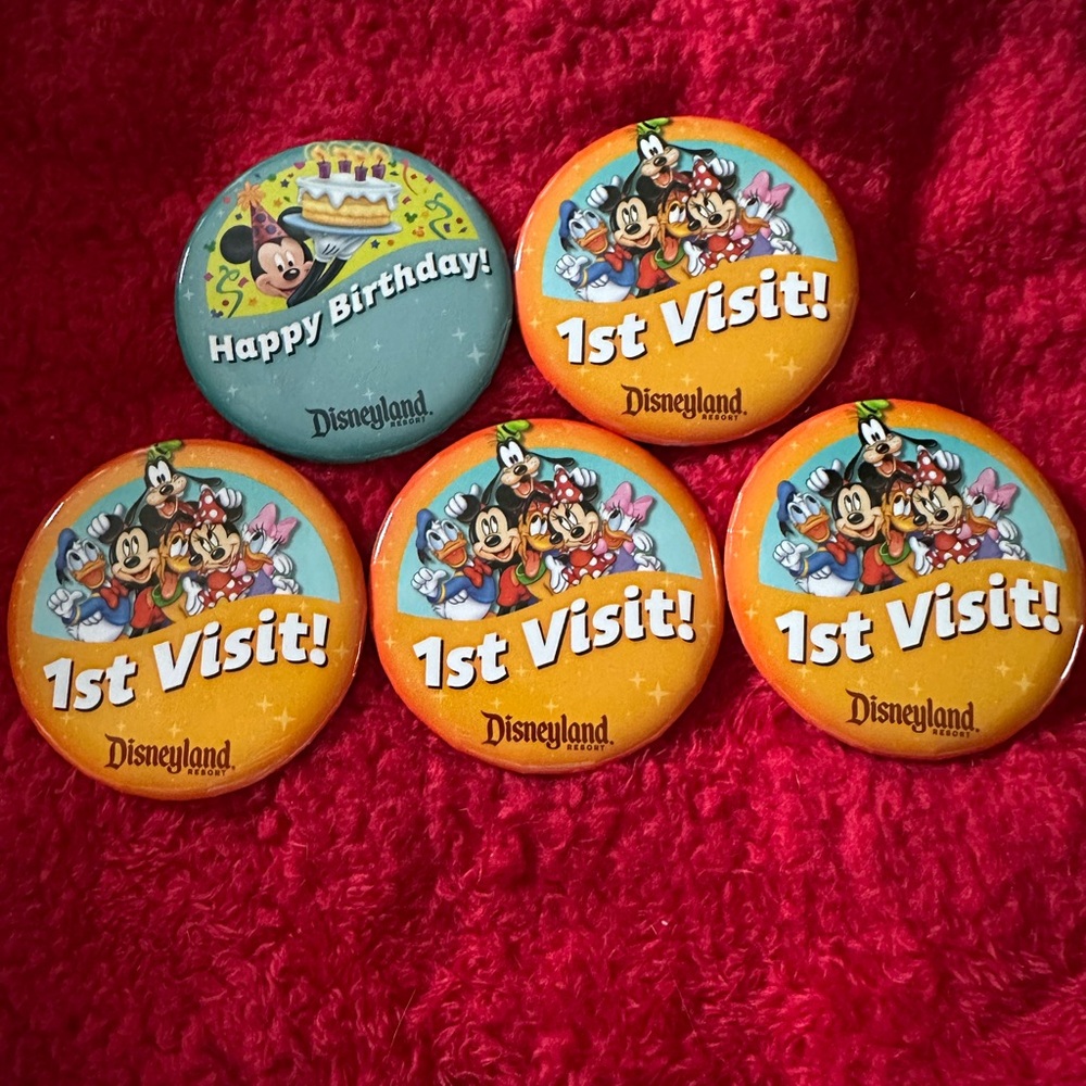 Disney 1st Visit and Happy Birthday Buttons - Orange, Blue, and Green